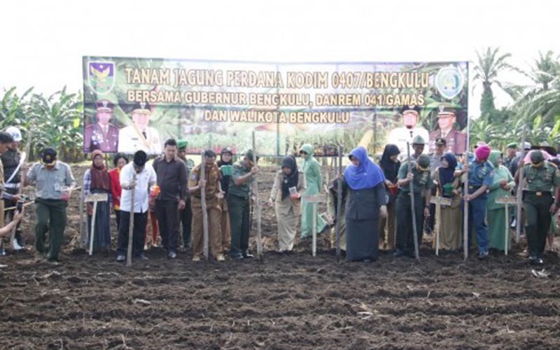 Walikota Bengkulu saat Gerakan Tanam Jagung Hibrida bersama pemerintah provinsi, Danrem, Dandim, Lanal, Camat dan Lurah serta petani di Kelurahan Kandang Mas, Kecamatan Kampung Melayu.